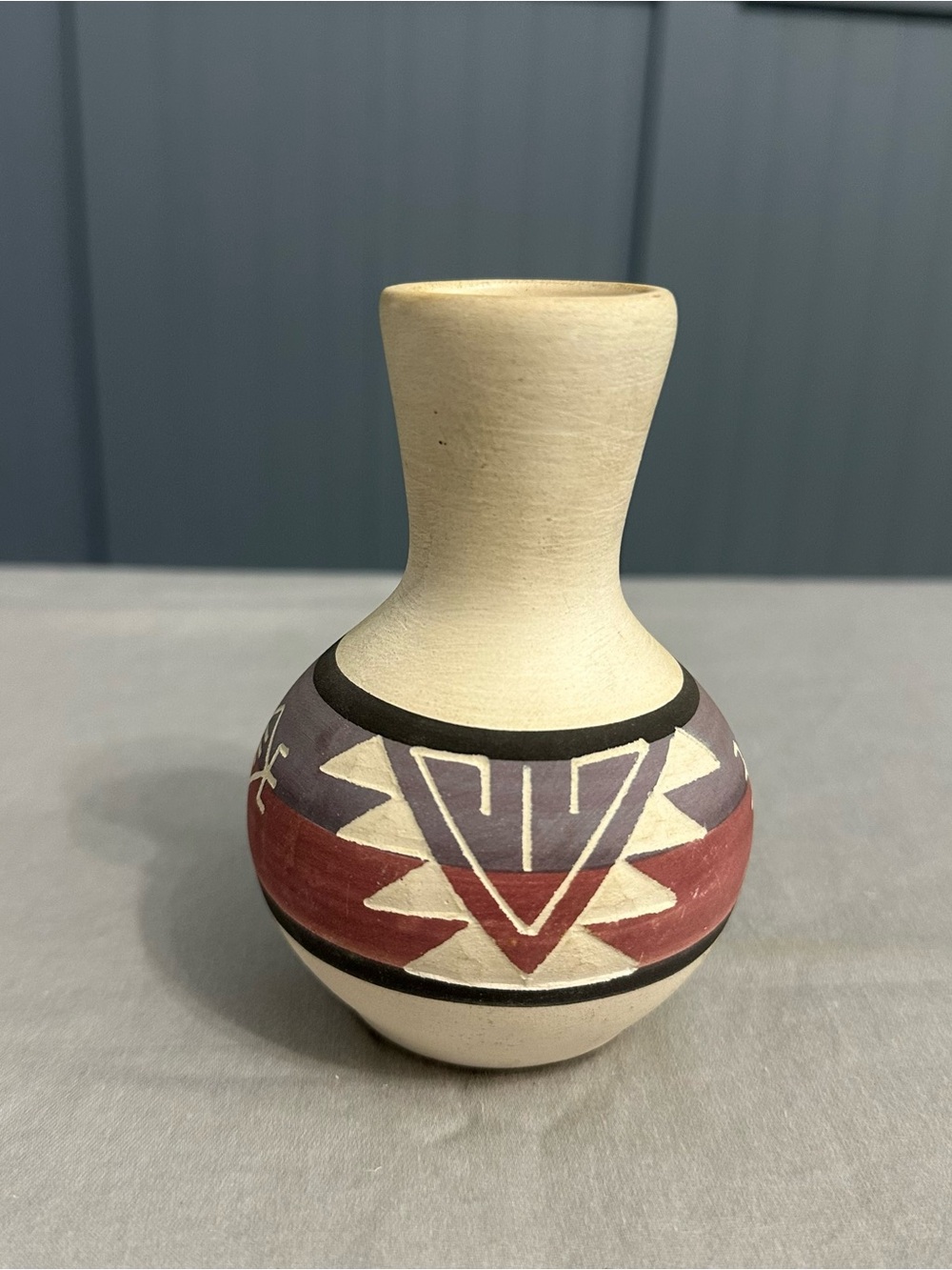 Vintage Southwestern Etched Pottery Bud Vase Hand Painted Geometric Signed 4.5"